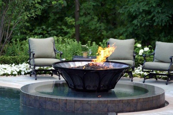 propane fire bowl surrounded by water